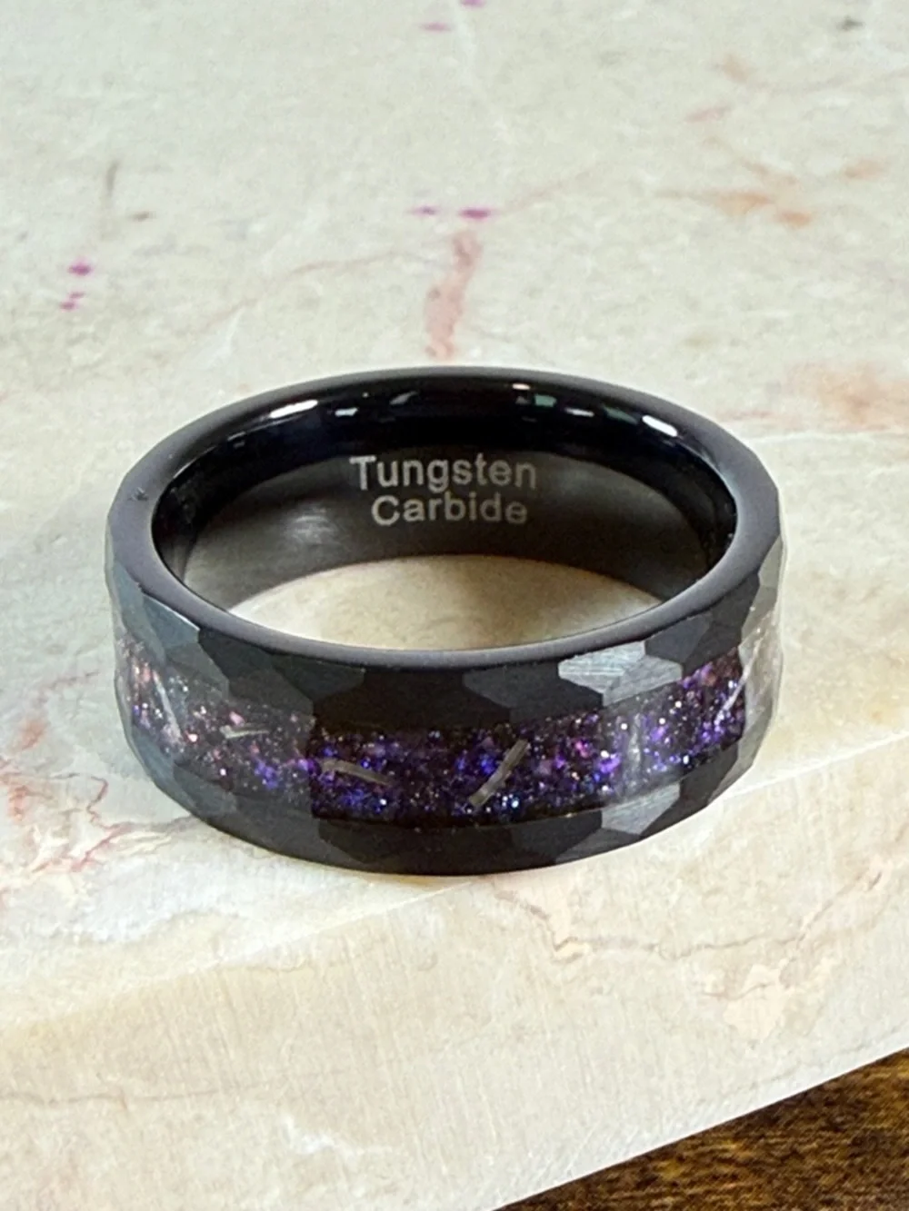 Tungsten Carbide Black Ring with Purple Inlay, Size 10